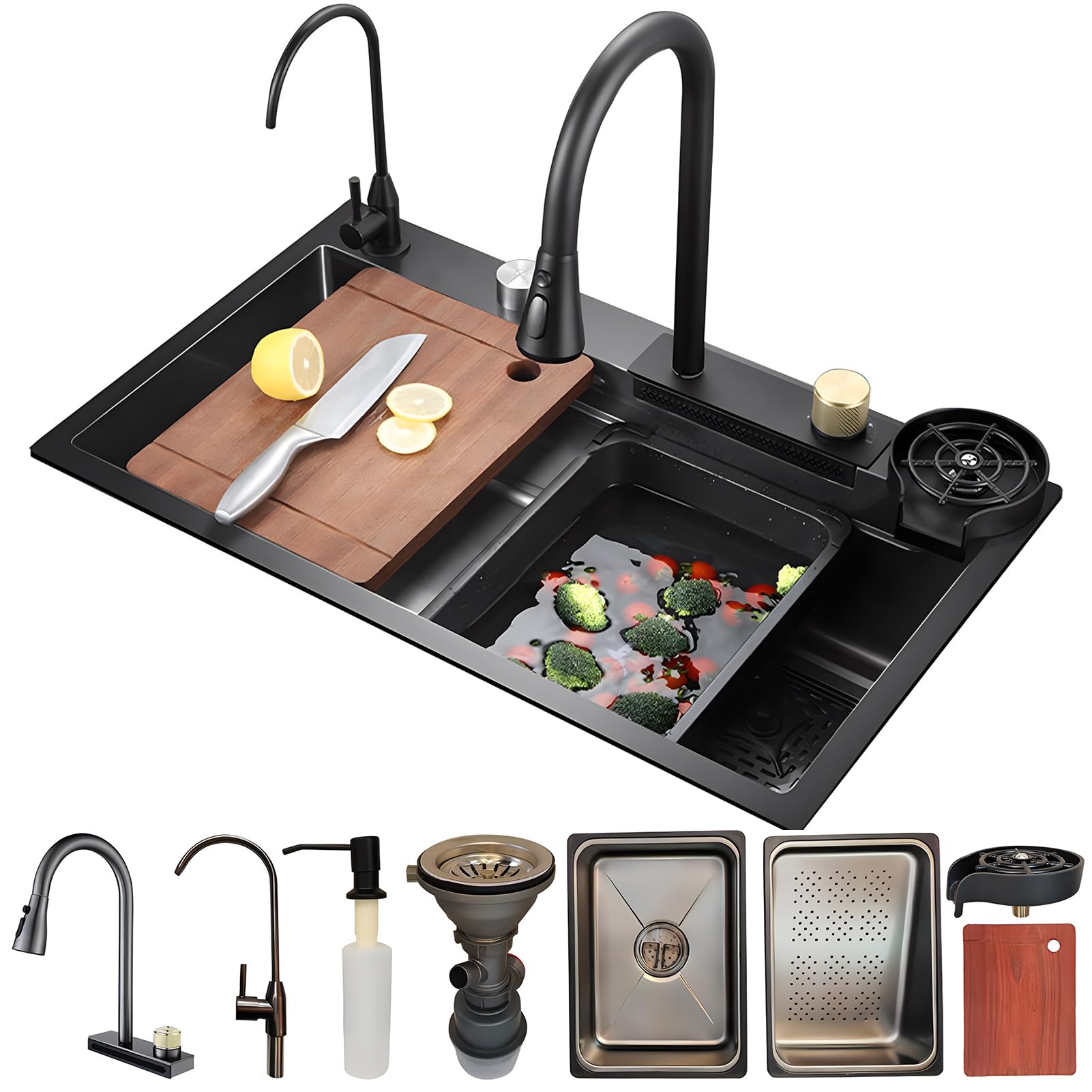 WIQUYBML Waterfall Kitchen Sink, 304 Stainless Steel Utility With Pull-out Faucet, Cup Washer Drop-In Or Undermount Installation, Bar Prep Easy To Clean (Color : Black-Grey, Size 75x45cm)
