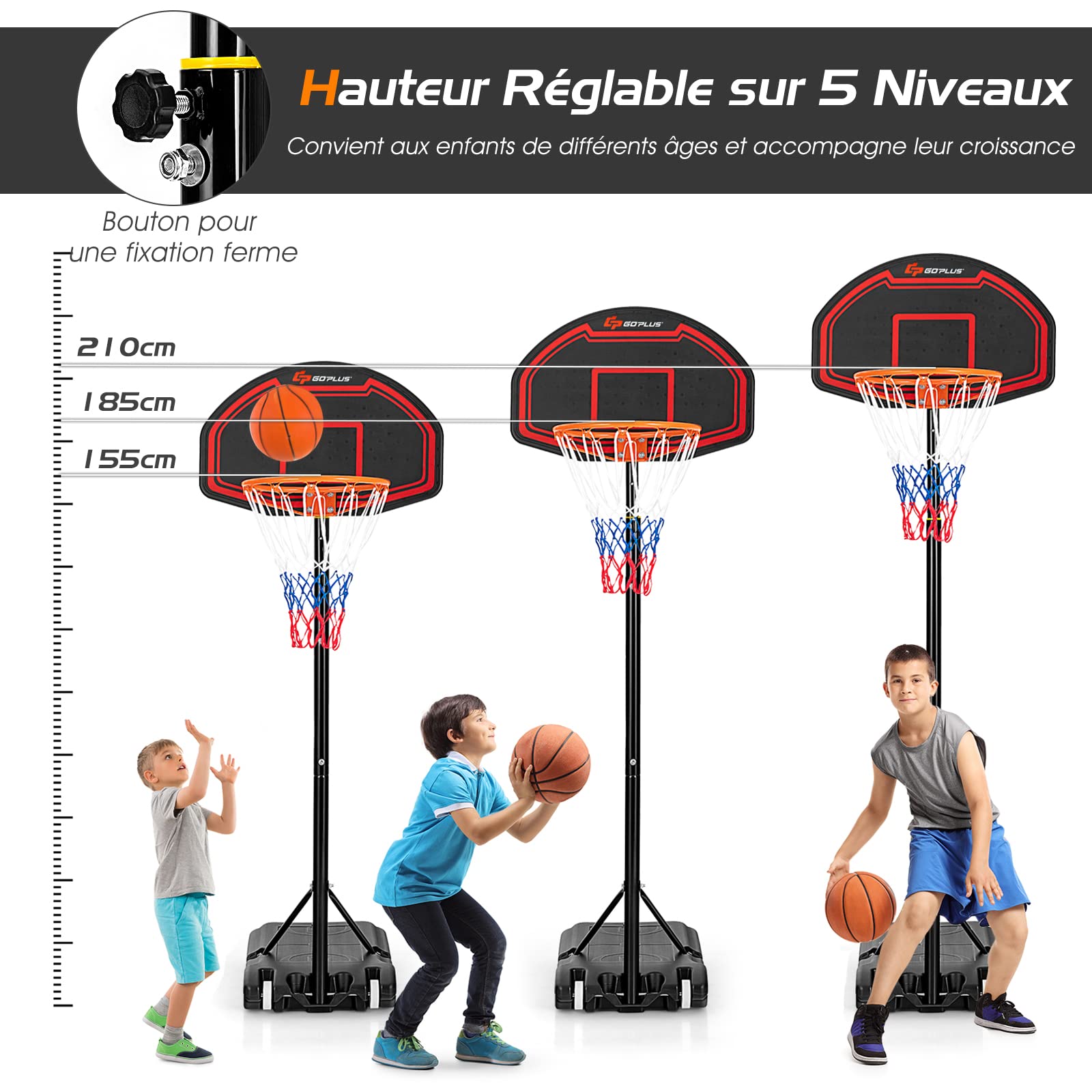 COSTWAY Panier de Basket, Hauteur Réglable du Panier (155-210 CM) et 2 Roues, Panier de Basket-Ball sur Pieds avec Panneau Arrière, pour Enfant