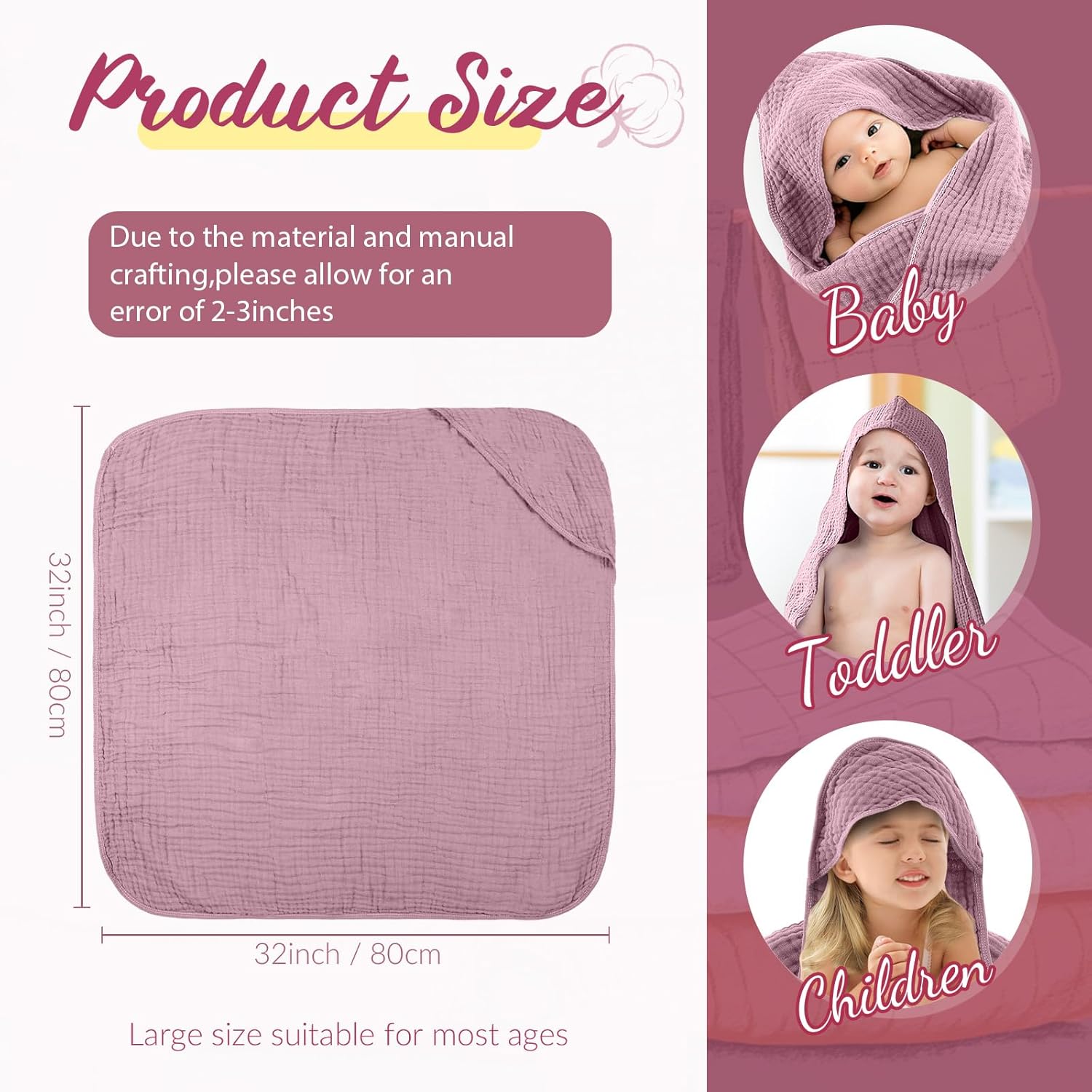 VitalCozy 6 Pcs Baby Muslin Hooded Bath Towels and Washcloths, Muslin Hooded Baby Towels Absorbent Blankets for Gift Newborn Infant Shower (Mauve,Peach Pink)