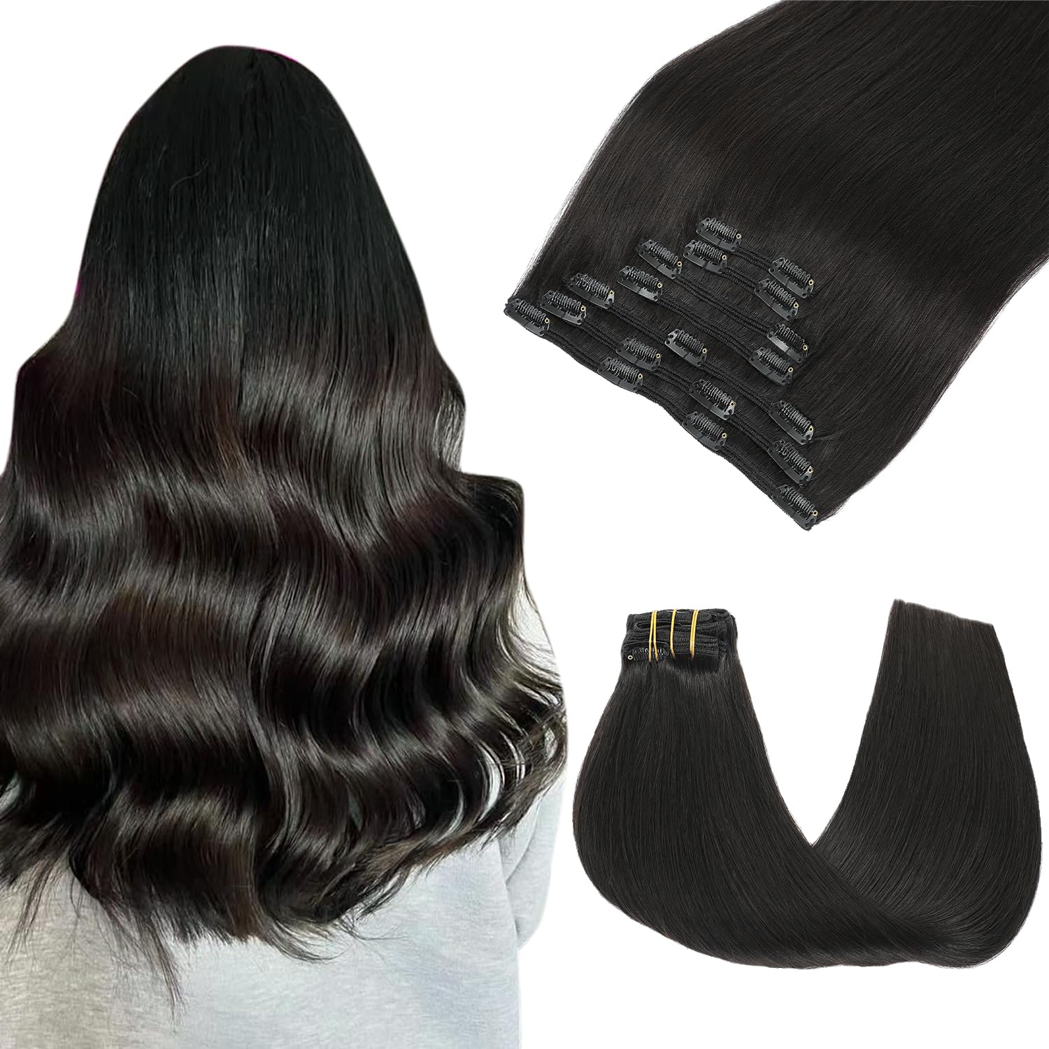 SAFIRENY Hair Extensions Clip in Natural Black 18 Inch Human Hair Clip ins Hair Extensions for Women Straight Natural Hair 7pcs 160g（#1B-18inch）