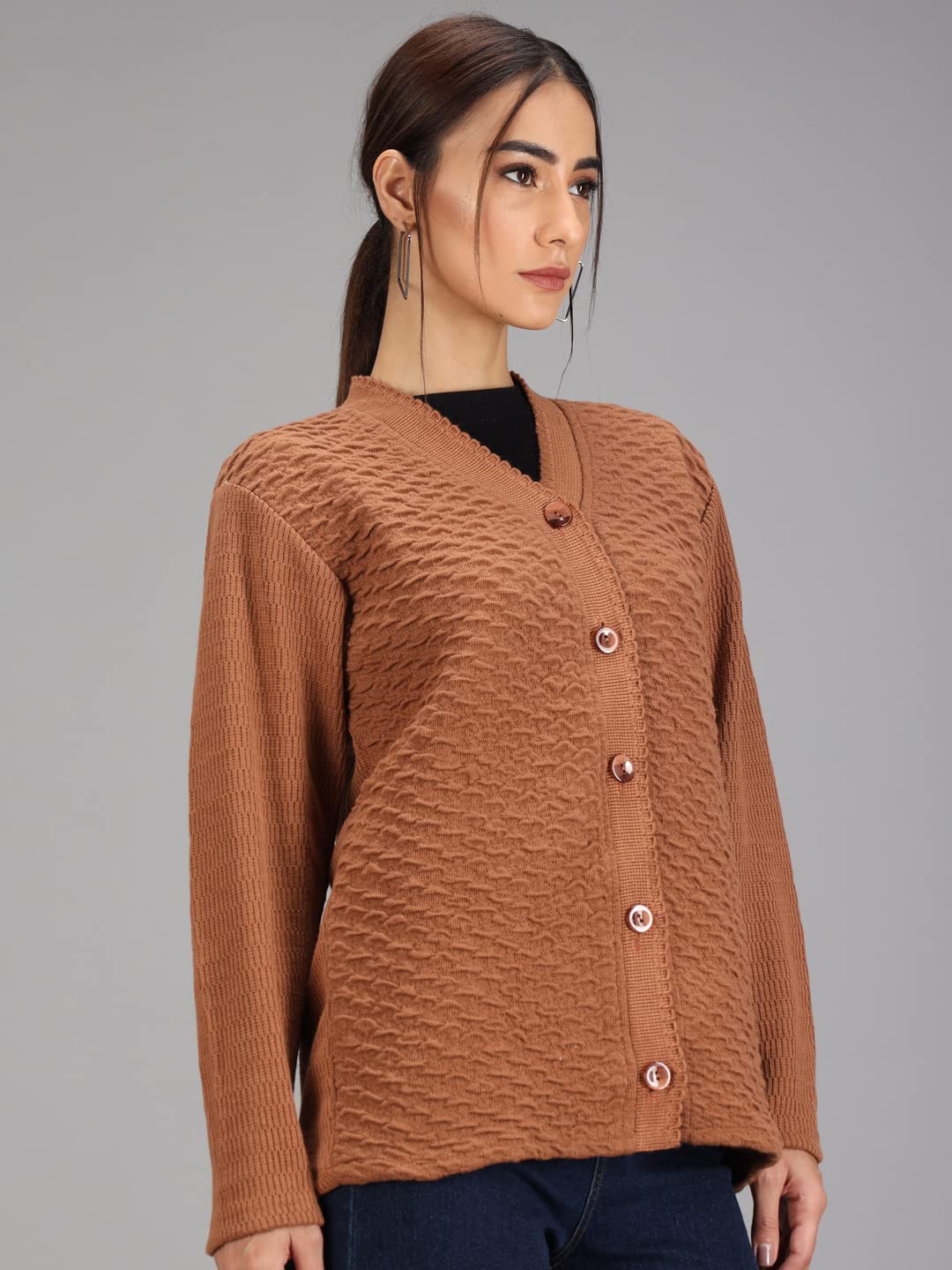 eKools ? Women's Winterwear Woolen V-Neck Sweater Cardigans (L, Brown) - Image 3 thumbnail
