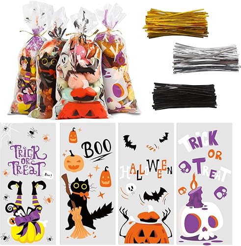 KIMOBER 160 bolsas de dulces de Halloween, bolsas de celofán con lazos giratorios para suministros de fiesta de Halloween