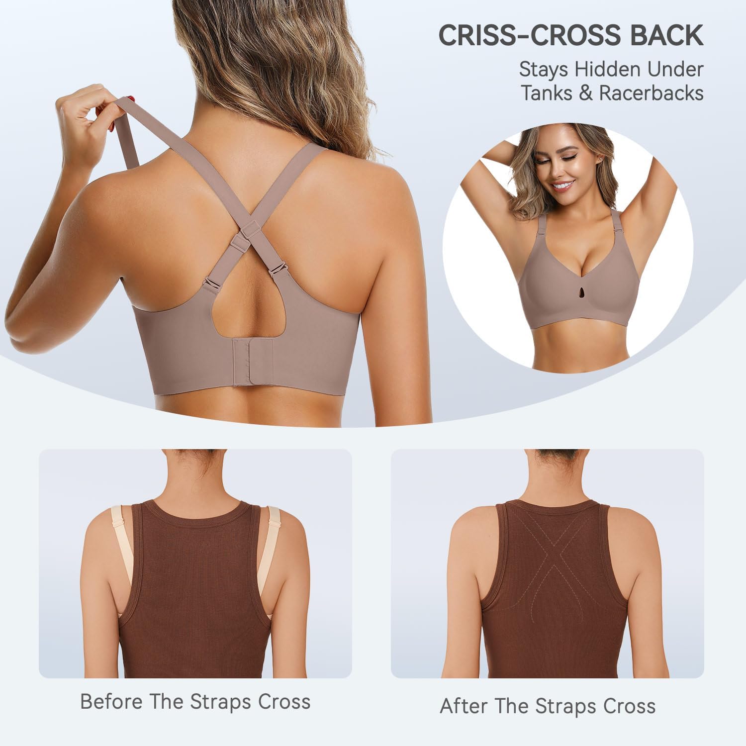 LUCKMEEY Bras for Women No Underwire Wireless Bras Removable Straps (U/Halter/Cross) Push Up Seamless T-Shirt Bra - Image 4