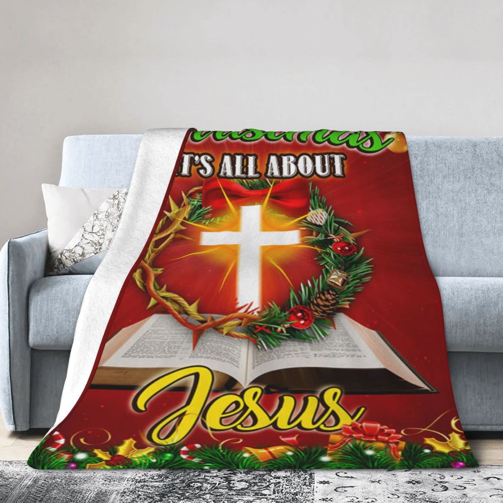Lsjuee Christmas Flannel Fleece Blanket 80"X60" It‘s All About Jesus Sofa Throw Blanket Funny Ultra-Soft Travel Winter Blankets for Couple Keep Warm
