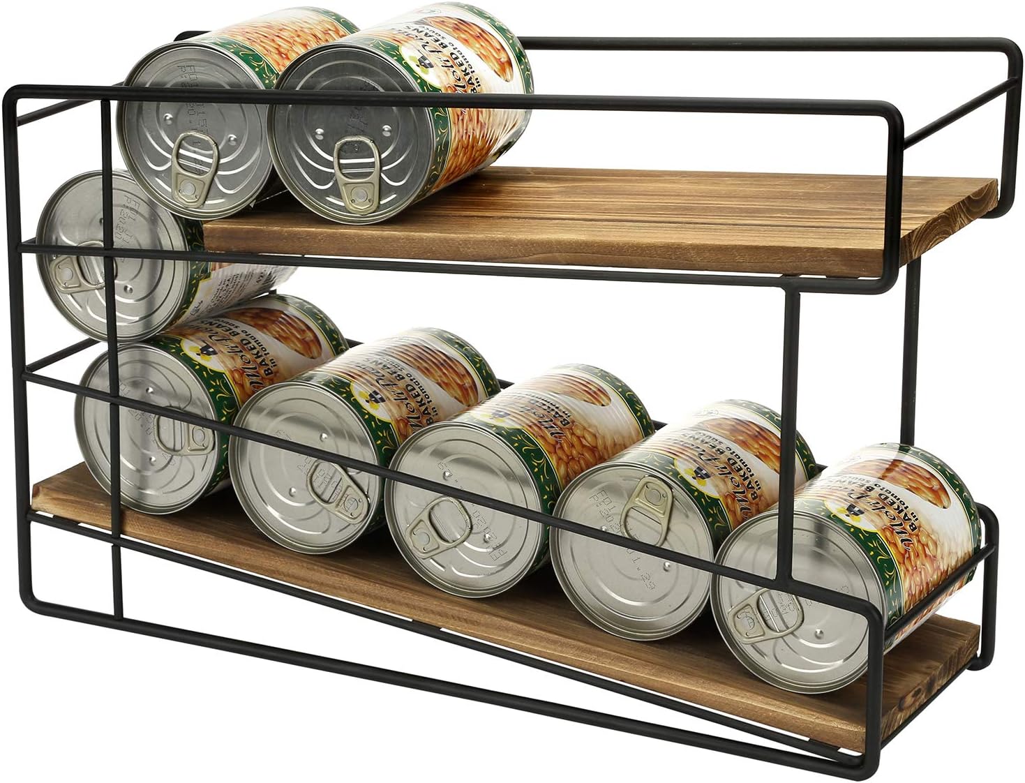 2 Tier Stackable Can Holder for Pantry, Can Food Storage Dispenser Rack Organizer, Soda Pop, Pet Cat Dog Food, Rustic Solid Burnt Wood with Black Metal Wire Frame, Front Loading
