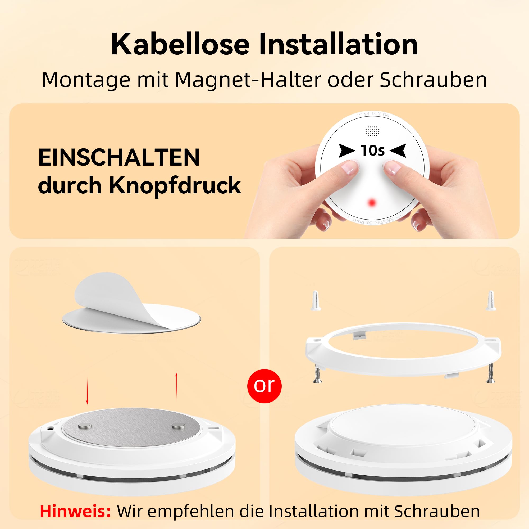 Rauchmelder 10 Jahre Batterie mit Magnethalterung, Europäischen Norm EN14604 Geprüft Feuermelder | Ohne Bohren, 85dB Rauchwarnmelder, 6er Set