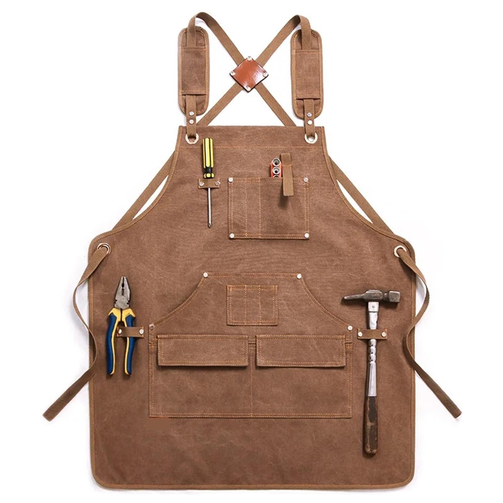 Avental de Ferramentas Delantal de trabajo unisex de lona resistente con bolsillos for herramientas, correas cruzadas ajustables for carpintería y pintura. para Carpinteiro Jardim Pintor(Brown A)