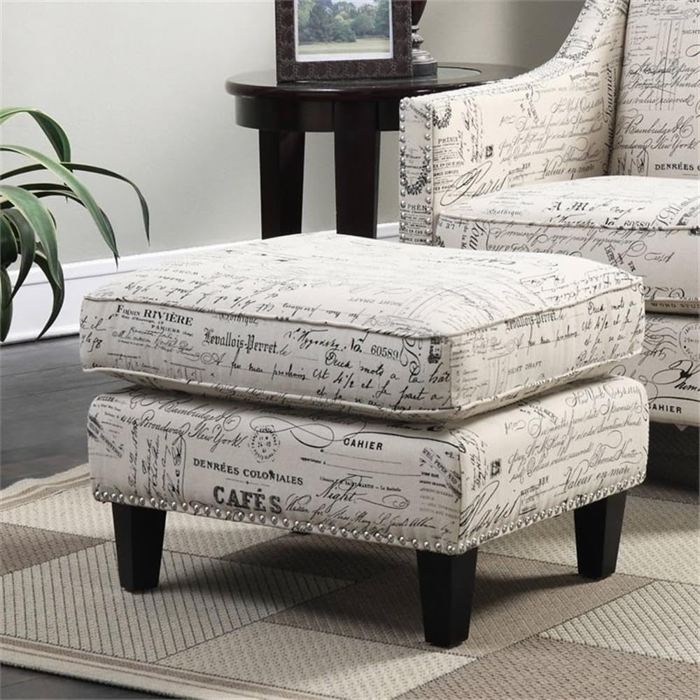 BOWERY HILL Upholstered Ottoman, 18" H x 26" W x 21" D, French Script Polyester Fabric, Nailhead Trim, Solid Wood Espresso Feet, Vintage Style, Off-White Finish, Living Room or Bedroom Furniture