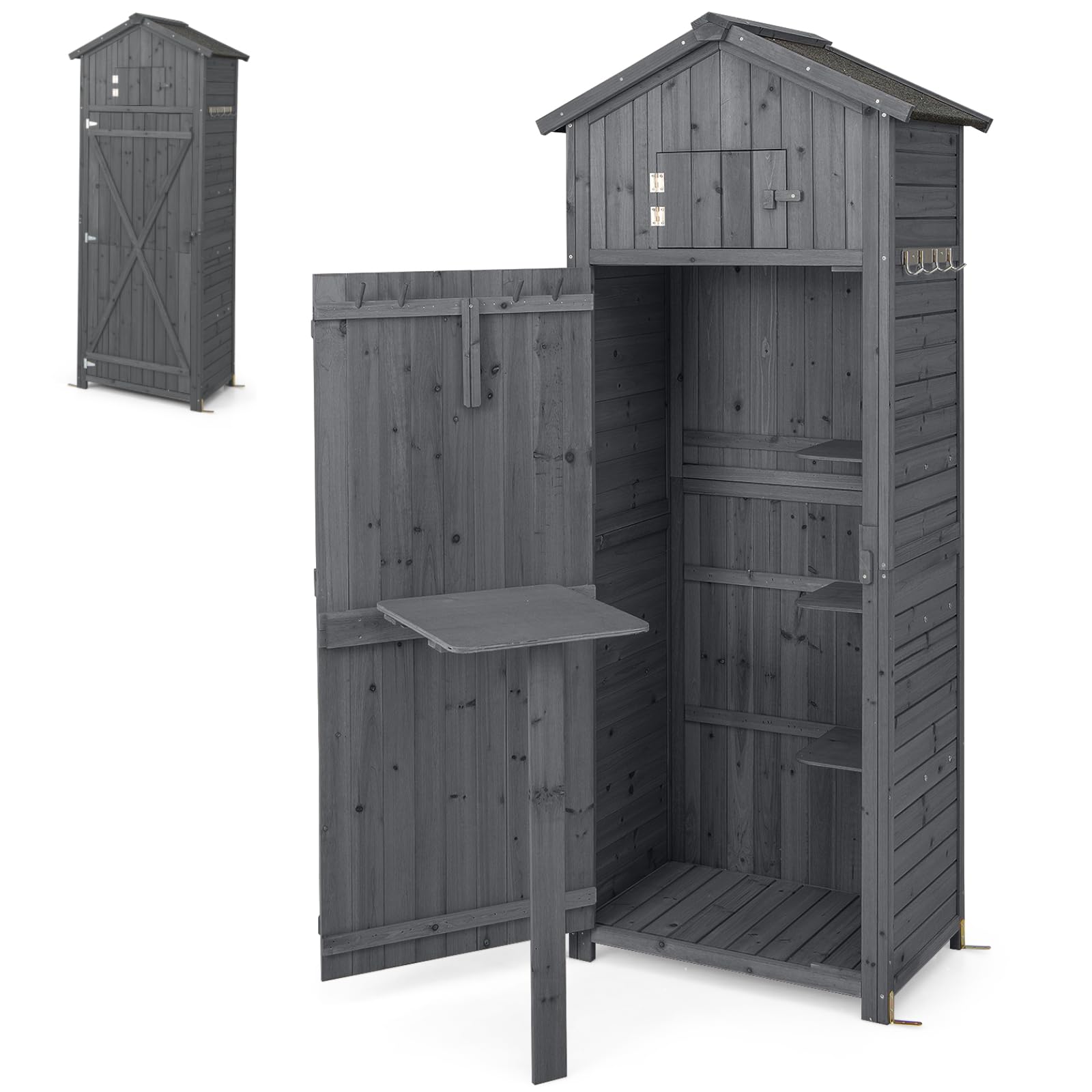 TANGZON 6FT Wooden Garden Shed, Outdoor Storage Shed with Upper Compartment, 3 Detachable Shelves, One-Piece Folding Table, Sloped Asphalt Roof & Lockable Door, Vertical Tool Storage Cabinet (Grey)
