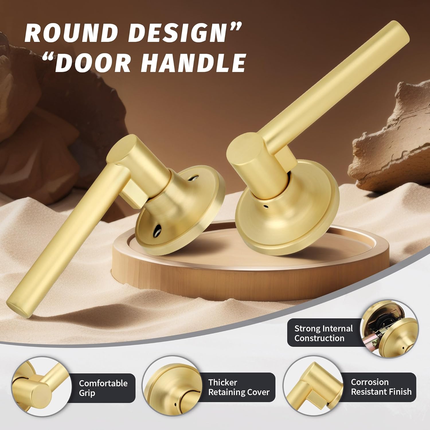 Brushed Gold Passage Door Handle, Round Design Non-Locking Door Lever, Reversible Door Lever for Hallway Closet, Satin Brass