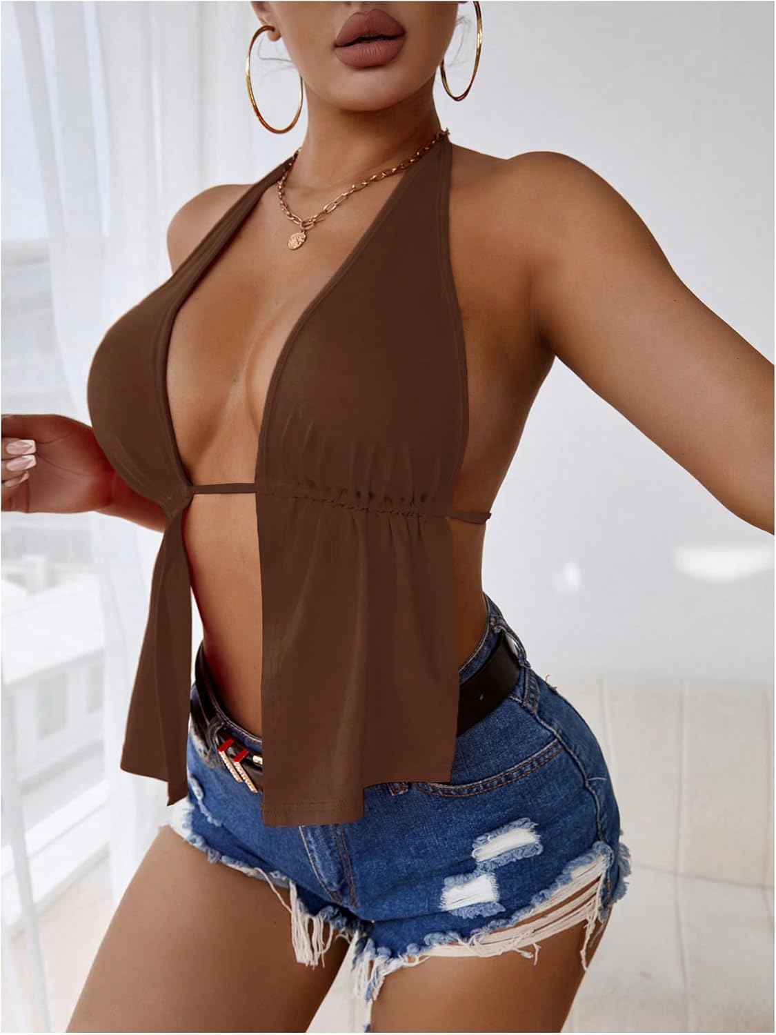 SOLY HUX Women's Open Back Tops Split Front Halter Tie Backless Sleeveless Sexy Top - Image 3