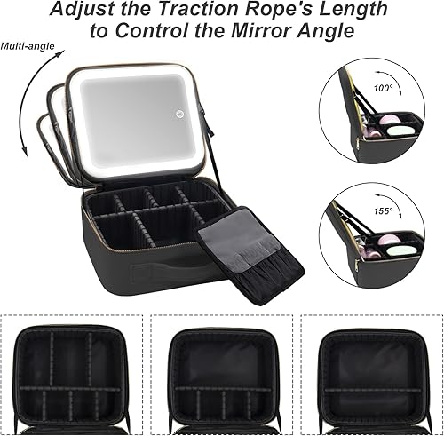 Miniatura 5 de Jadazror Estuche de maquillaje con espejo y luz de 3 colores para ajustar el brillo, bolsa de maquillaje con espejo, estuche de cosméticos