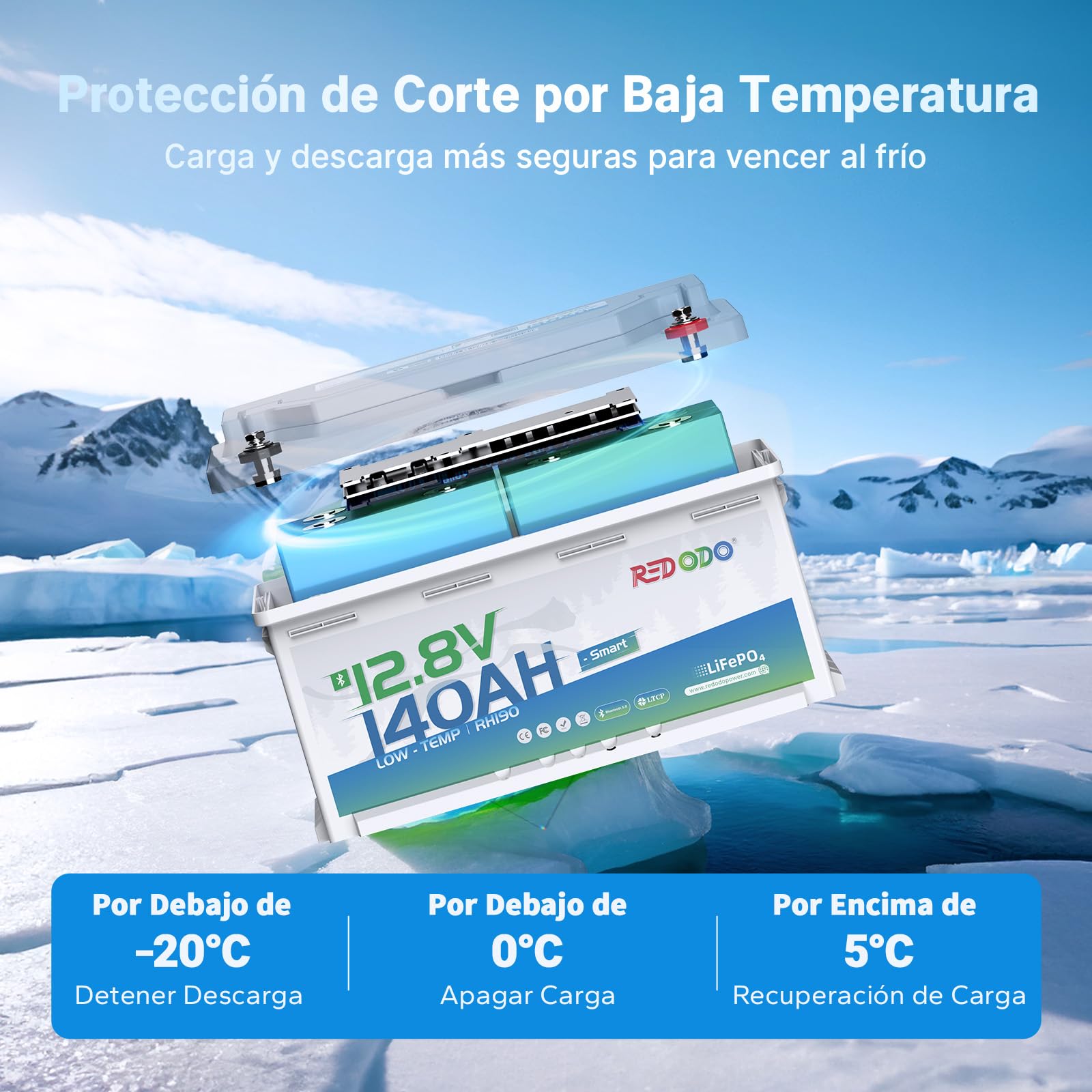 Redodo Bluetooth 12V 140Ah H190 Batería Litio+Cargador 12V 20A Batería LiFePO4 Duración 10 Años BMS 150A Monitorización en Tiempo Real para Autocaravanas Embarcaciones Barcos Instalaciones Solares