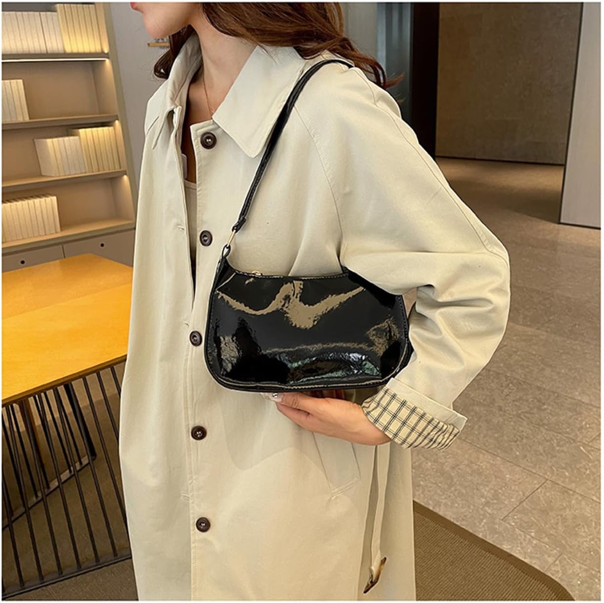 Patent Vegan Leather Evening Purse Shiny Clutch MINI Hobo Handbag Shoulder Bags - Image 3