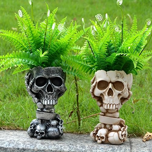 Miniatura 8 de Maceta de calavera decorativa gótica de resina, plateada y negra, mesa, hecha a mano, diseño detallado