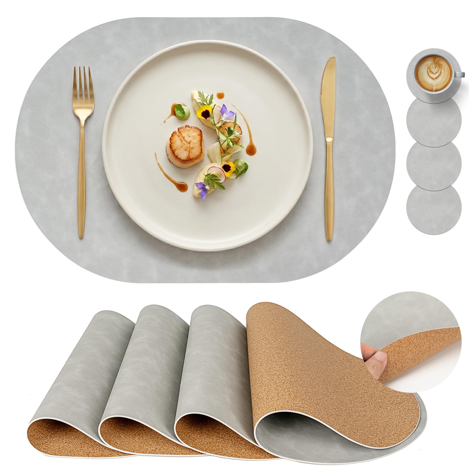 PROMATTOO Premium Oval Faux Leather Placemats with Coasters, Set of 4/6 Dining Table Mats, Cork-Effect Non-Slip Backing, Heat-Resistant Wipe-Clean Place Mats for Dinner, Coffee and Home Decor