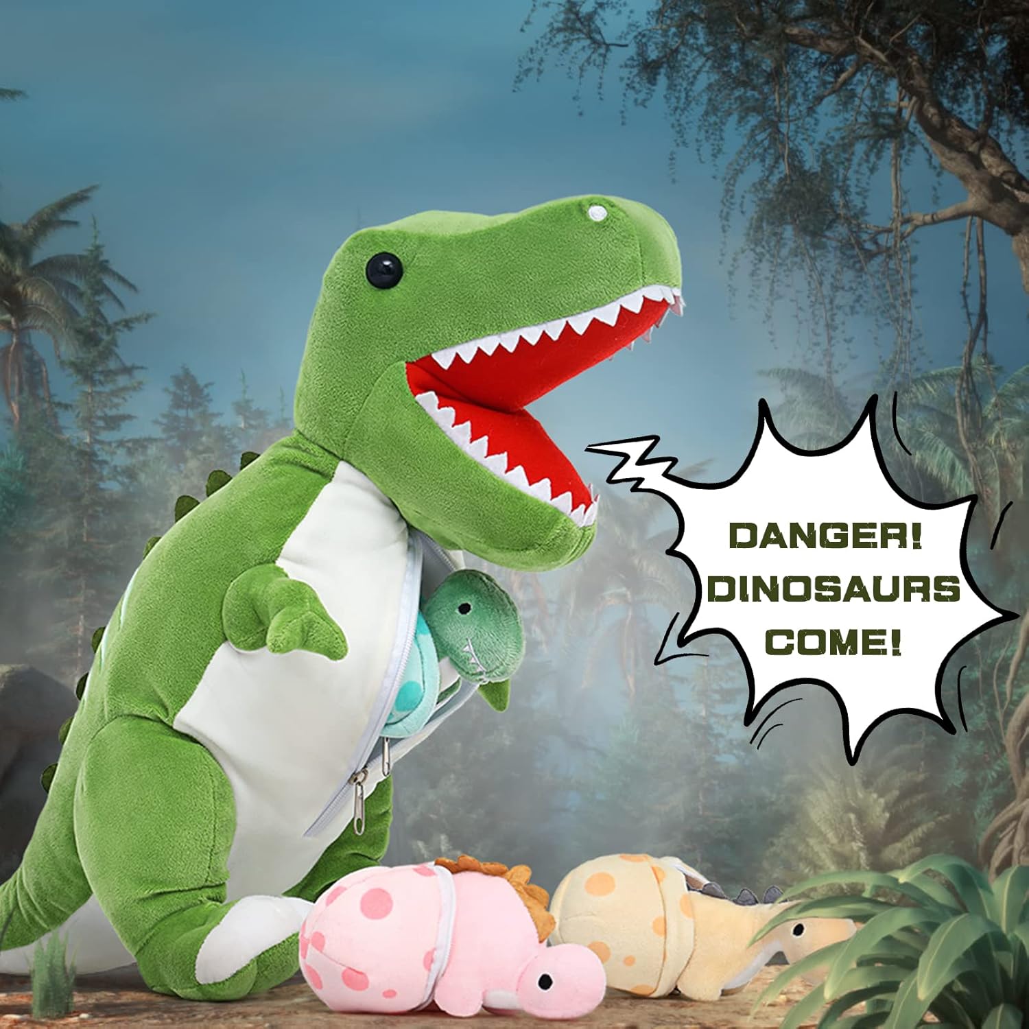 Tezituor Giant Dinosaur Stuffed Animal 23.6'' Big T-Rex Mommy Dinosaur Plush Toy with 3 Cute Baby Dinosaurs & 3 Egg Bags Inside its Zippered Tummy for Boys Girls