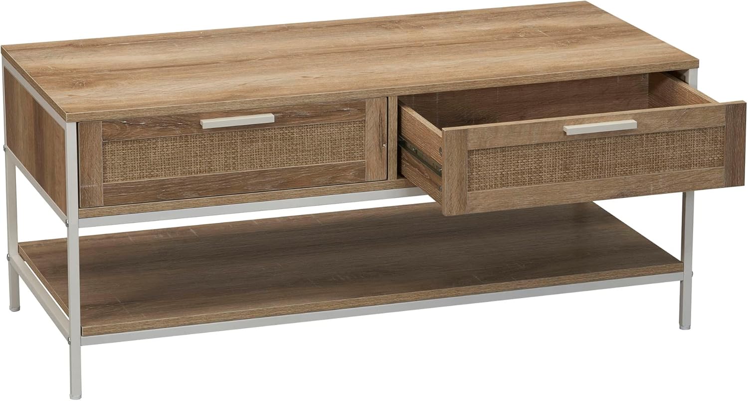 Household Essentials Bungalow Rectangular Coffee Table with Storage Shelf and 2 Drawers Coastal Oak Rustic Wood Grain Woven Front and White Metal