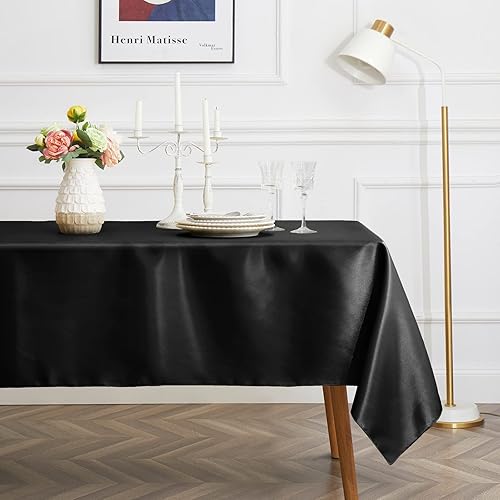 Miniatura 3 de Paquete de 1 mantel de satén negro, mantel rectangular de 58 x 102 pulgadas, mantel de satén de tela suave, mantel de seda de lujo para fiestas,