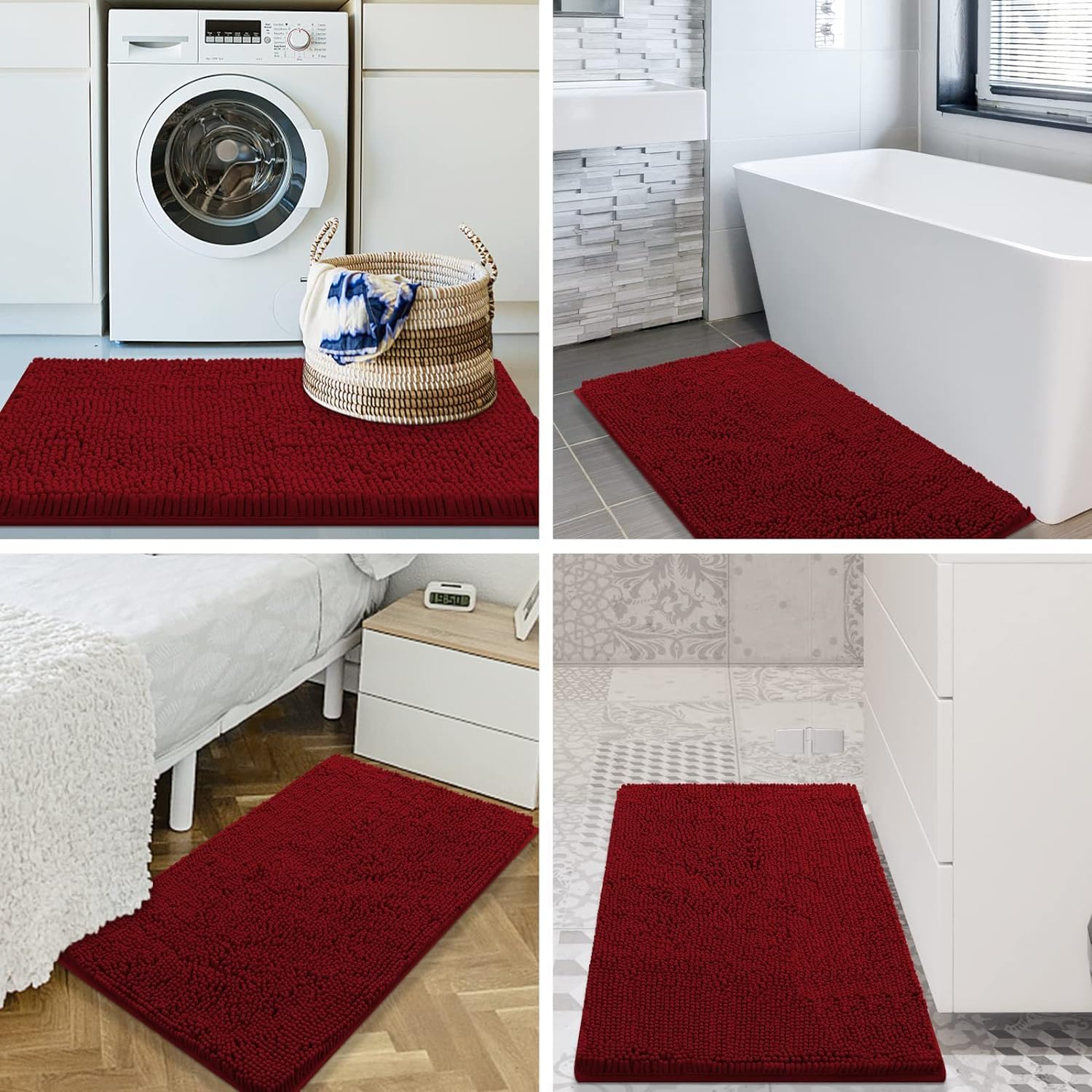 Homaxy Alfombrilla de baño antideslizante de chenilla, alfombra de baño de microfibra, alfombra de baño absorbente, pelo alto, 60 x 120 cm, color rojo vino