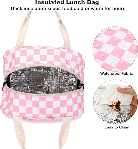 Miniatura 4 de Lonchera a cuadros para niñas y mujeres, bonita lonchera aislada a prueba de fugas, reutilizable, bolsa de almuerzo para adolescentes, niños,