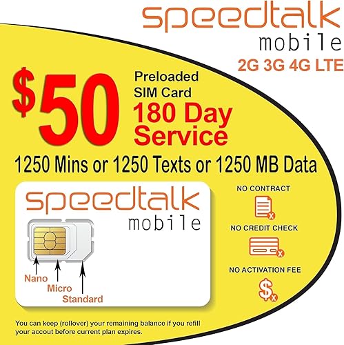 preloaded $50Tarjeta de GSM SIM prepago Rollover 1250minutos texto de conversación datos 180-day Wireless Service