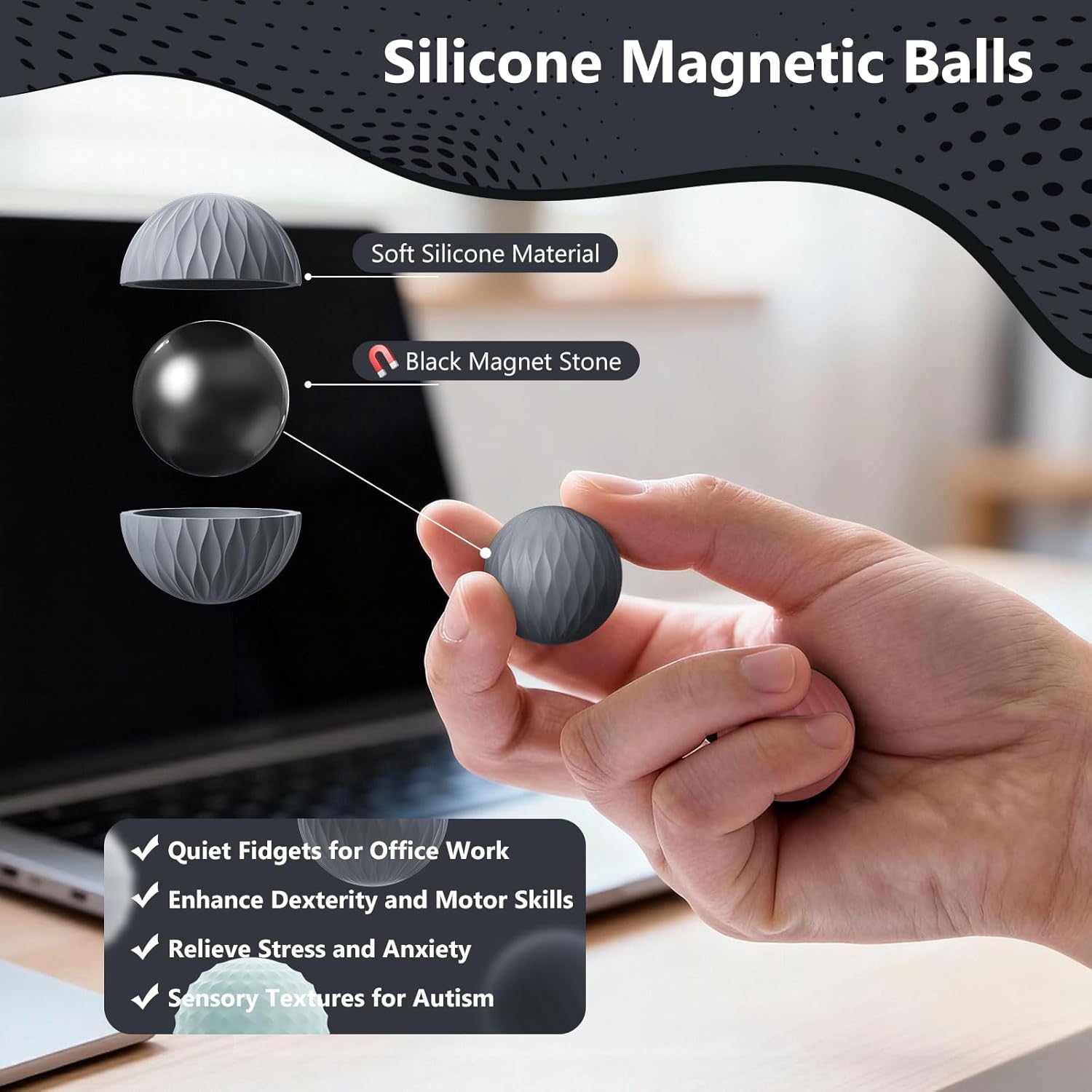 Silicone Magnetic Balls Fidget Toys for Adults & Teens, Stress Relief Sensory Toys for Help Relieve Stress, Anxiety, Tension, Fingertip Touch Training, Concentration Improvement (Set of 4)