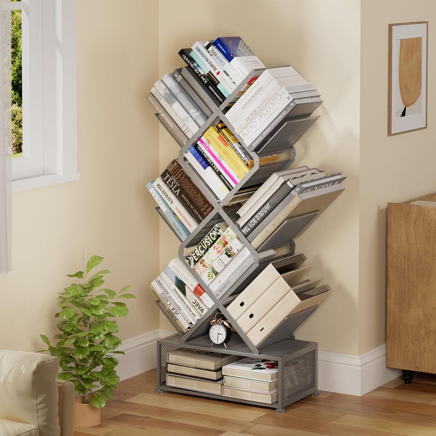 Metal 6 Tier Bookshelf, No Assembly Needed Foldable Bookcase with Storage Cabinet, Industrial Standing Shelf for Home Office Living Room, Gray​