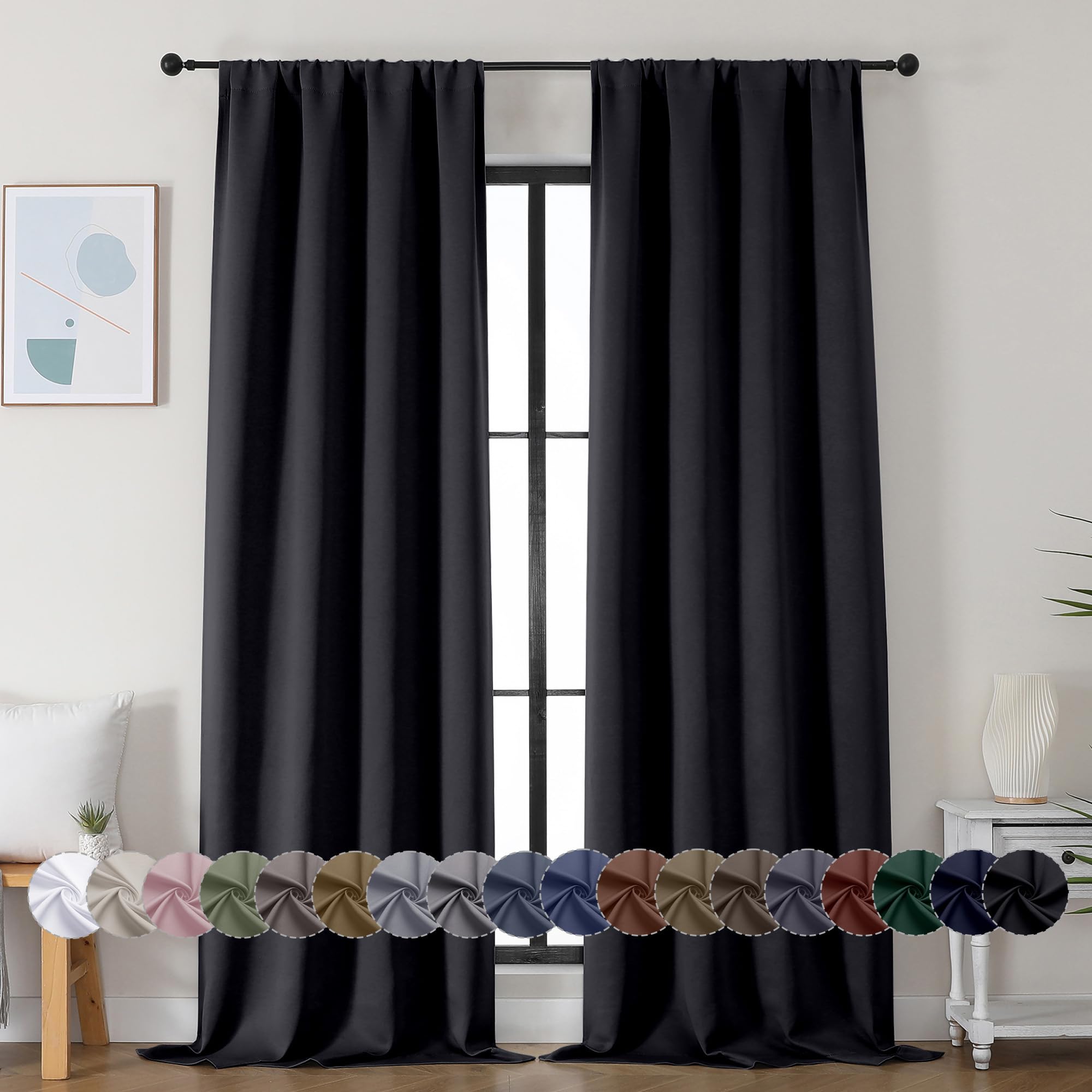 Simplebrand Ava Halloween Black Blackout Curtains for Bedroom 96 Inches Long 2 Panels, Solid Thermal Insulated, Energy Saving Living Room Window