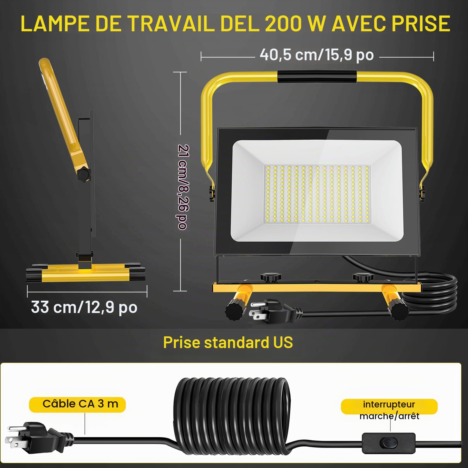 Viugreum Projecteur Led Chantier 200W 20000LM Luminaire Exterieur Réglable à 3 Niveaux de Luminosité avec Prise Câble de 3M Étanchéité IP65 6500K Portable Lampe Chantier pour Atelier Garage