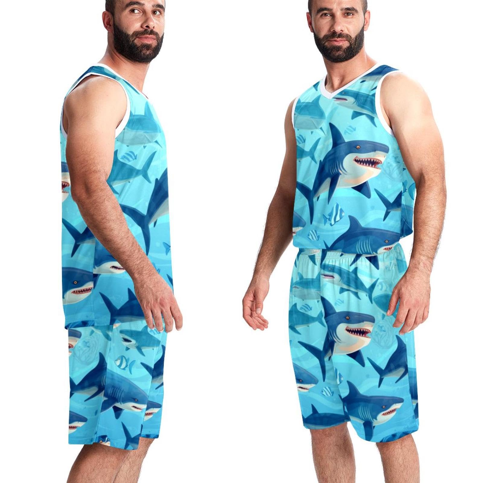 Męski strój do koszykówki z kieszeniami odzież sportowa dla mężczyzn kobiet drużyny mundur niebieski ocean rekin -5XL