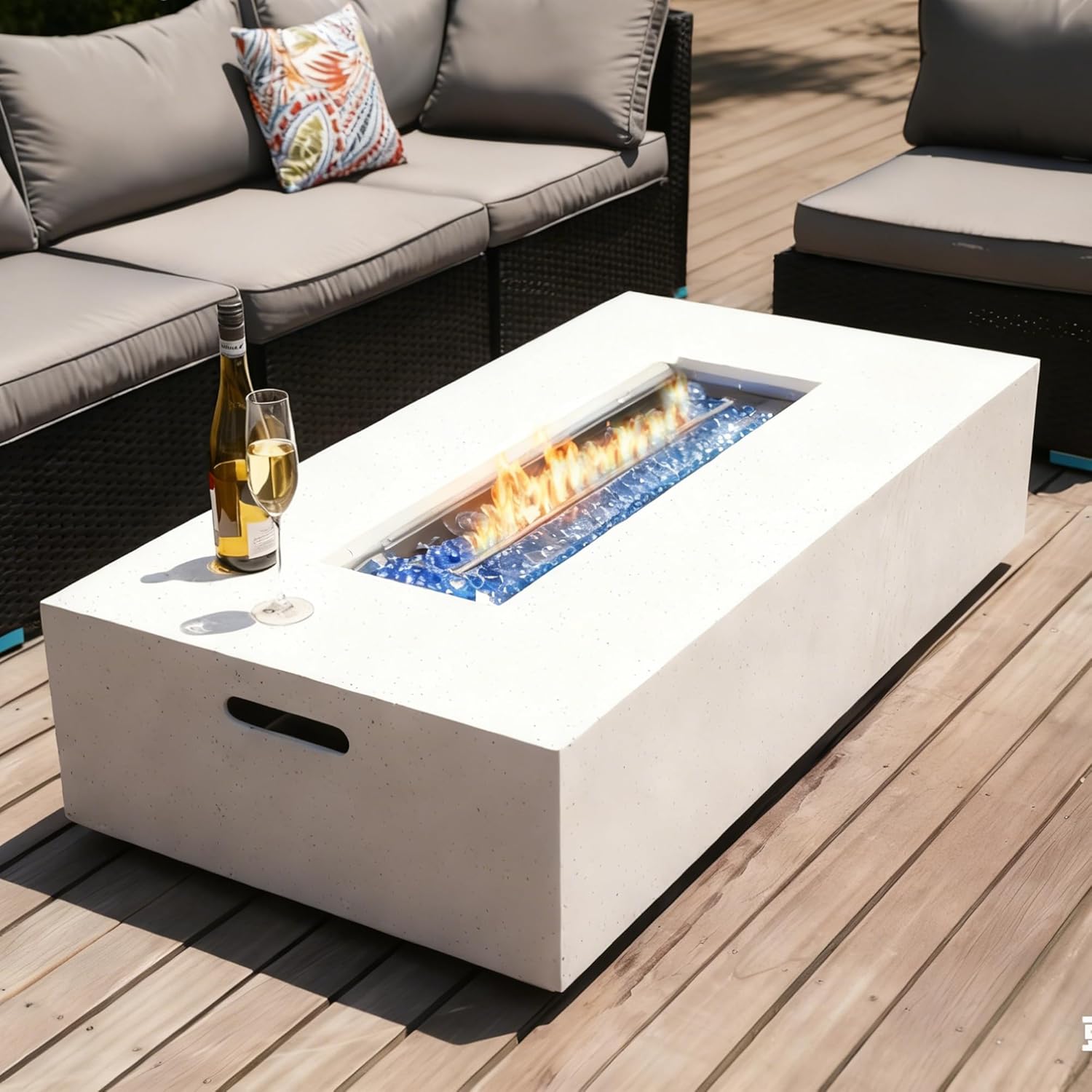 56 Inch Propane Fire Pit Table, Rectangle Outdoor Fire Table w Blue Fire Glass(50,000 BTU), Patio Firepit Table Gas Fire Table w Rain Cover for Outside, Backyard
