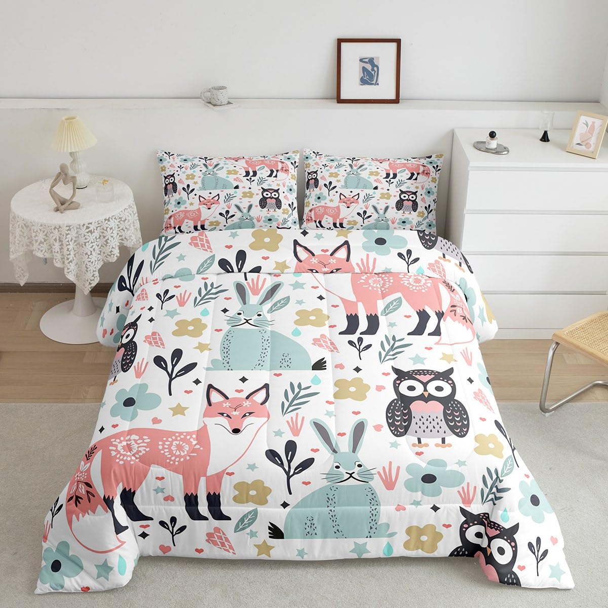 Feelyou Fox Rabbit Owl Comforter Set Queen Size, Cartoon Fox Comforter for Kids Toddler Cute Rabbit Comforter Set Tropical Kawaii Animal Duvet Set Durable Quilt Set