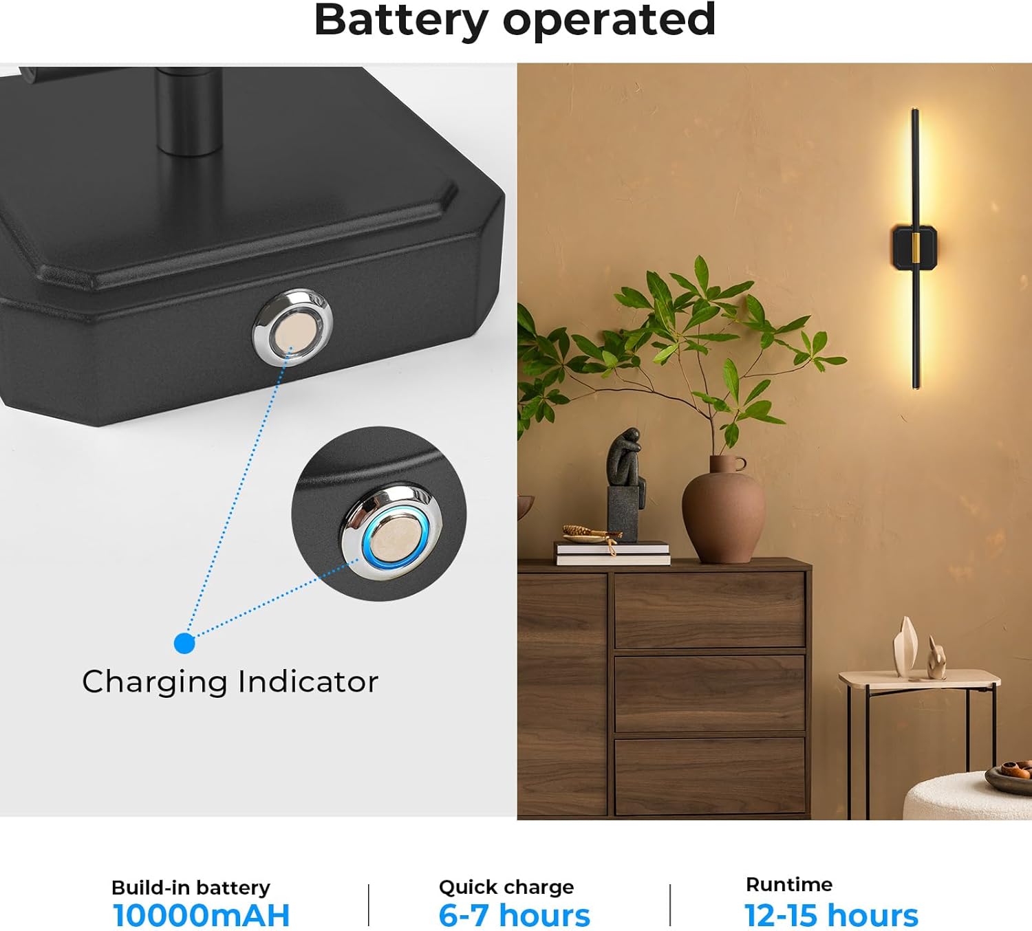 GvvooHome 1 Pack 28.3 Inch Battery Operated Wall Sconce Detachable, 10000mAh Wireless Rechargeable Wall Lights，Dimmable Wall Lamp with Remote Control, 3000K-6500K Infinite Dimming (Black Gold)