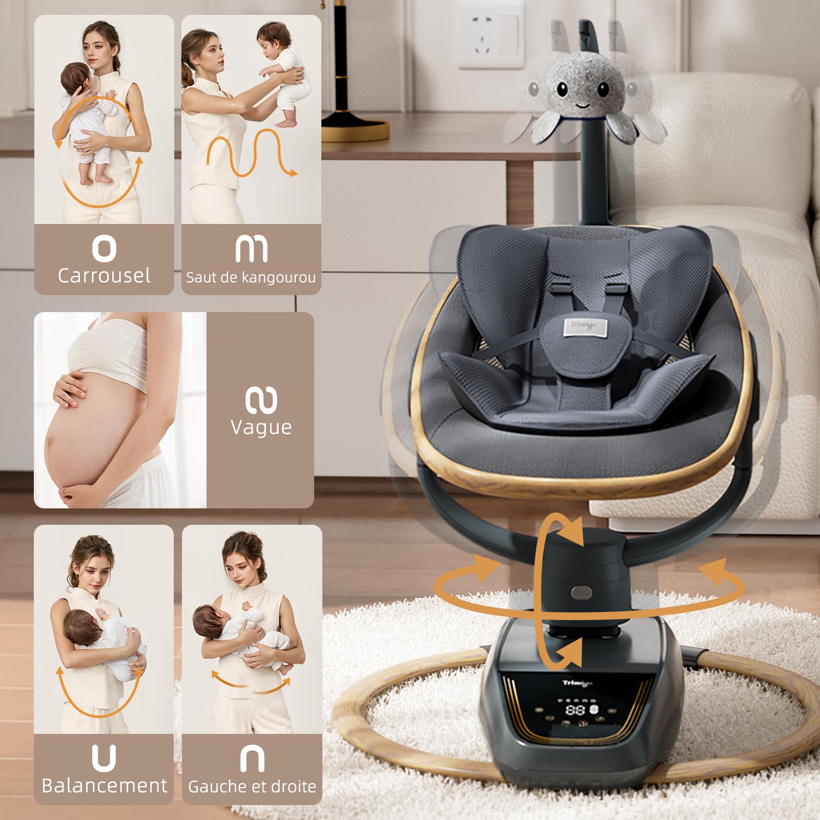 transat bébé électrique 180° réglable 3D, avec télécommande, 5 modes, 4 vitesses, 3 hauteurs de siège, 8 chansons d'apaisement, balancoire bébé 0-12 mois (coloris bois）