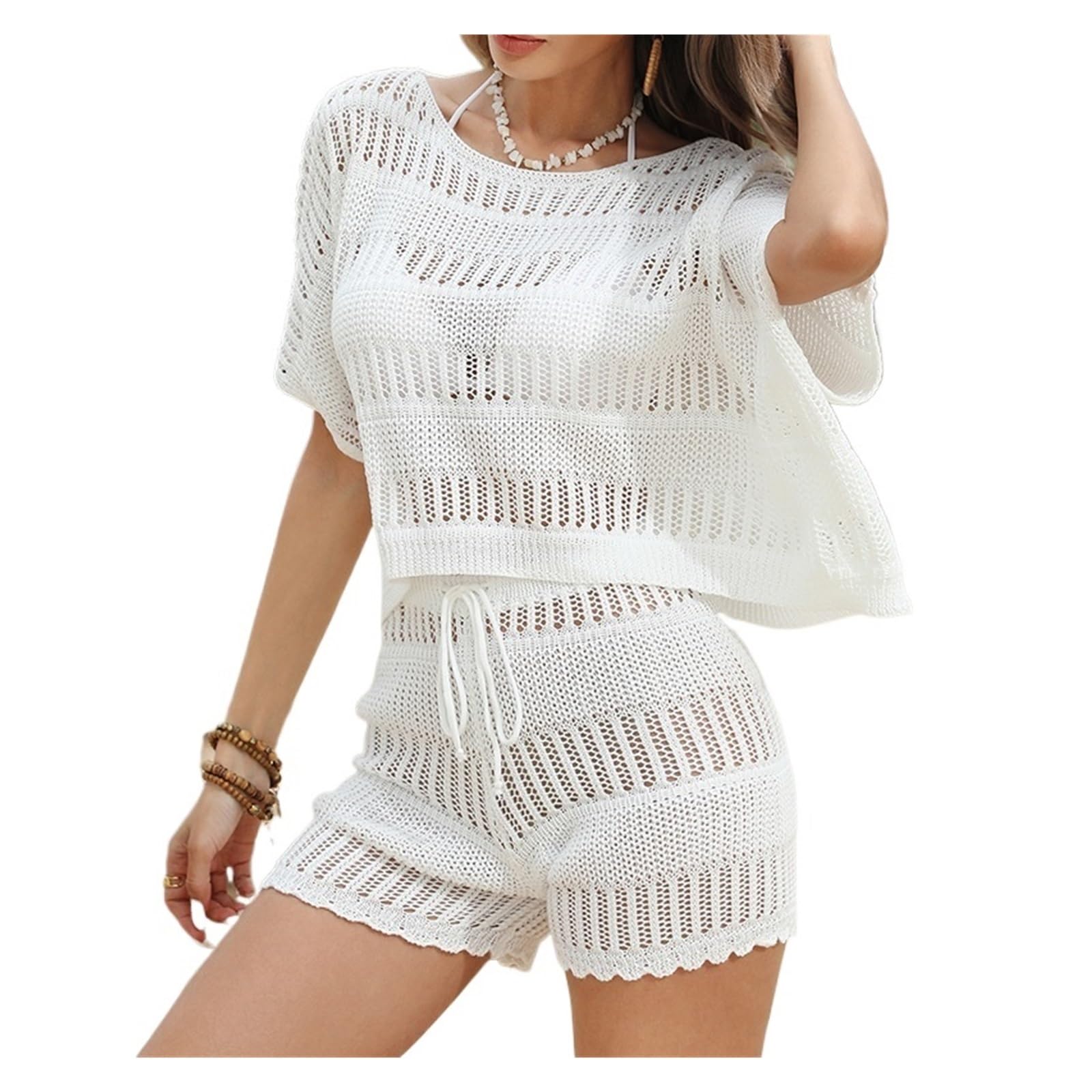 Blusa cruzada de playa, Bikini for mujer, conjunto de 2 piezas con cuello suelto, ahuecado, for playa, negro, blanco, varios tamaños