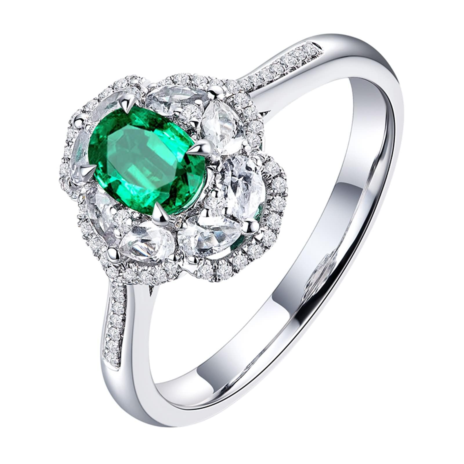Anillo de Alianza Mujer Oro Blanco 9K / 14K / 18K, Flor y 4 Garras Oval con Esmeralda de 0,6ct y Diamante, Anillo de Alianzas Plata Verde Mujer
