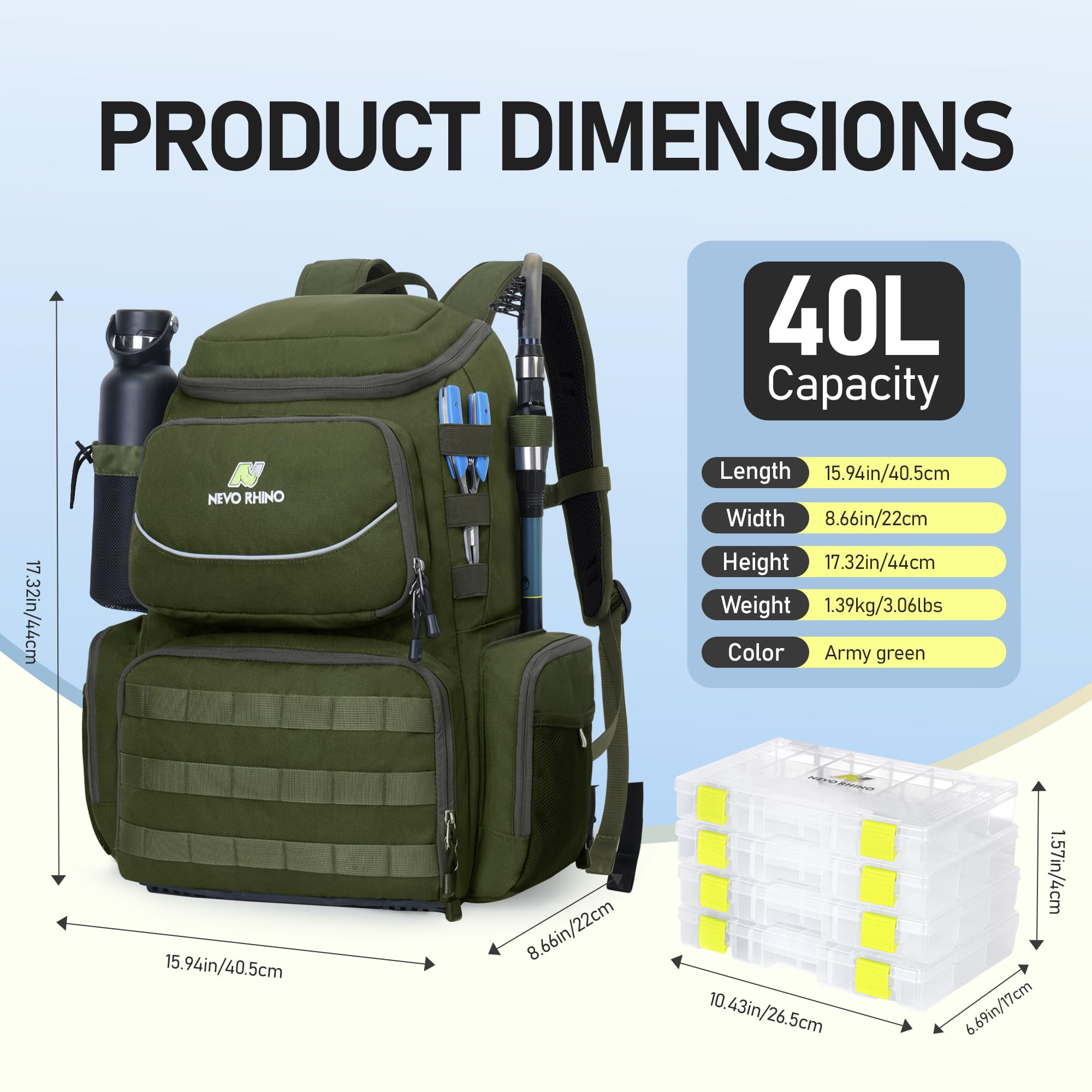 N NEVO RHINO Angelausrüstungs-Rucksack mit Rutenhaltern, 40 l, große Angeltasche mit wasserdichtem Regenschutz, Outdoor-Ausrüstungstasche