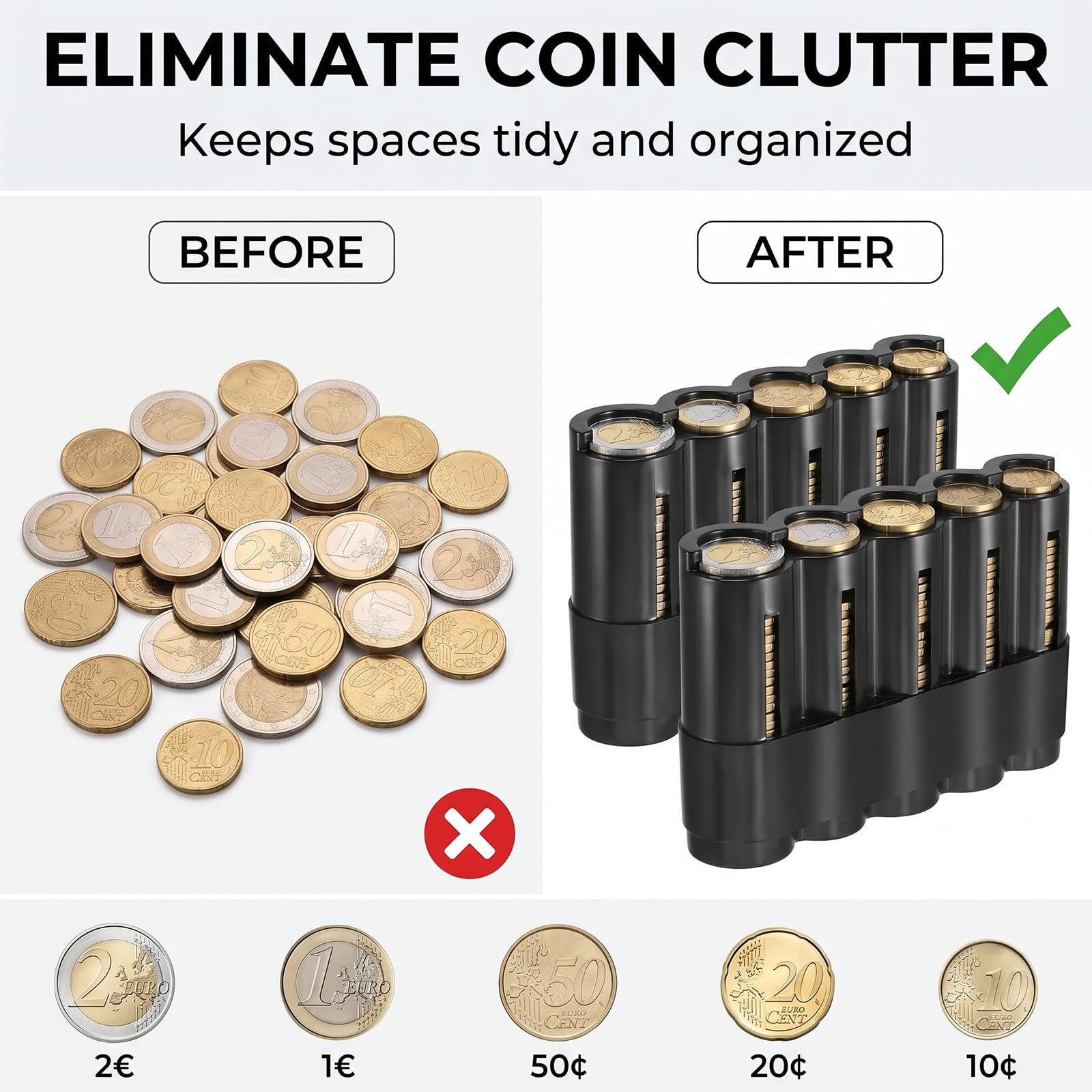 Portamonedas Clasificador Profesional 5 Compartimentos Negro Porta Monedas Euro JIAC 2 PCS