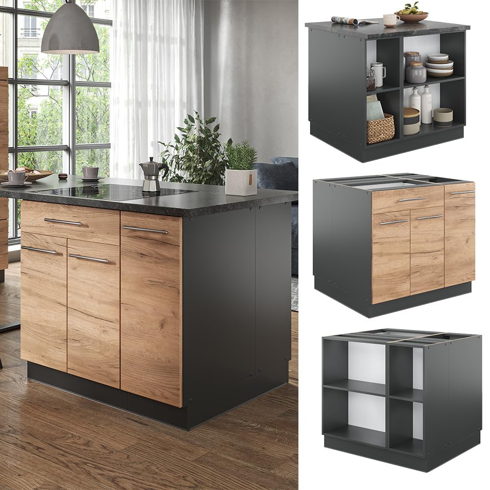 Vicco Kücheninsel Fame-Line, Goldkraft Eiche/Anthrazit, 90 cm mit Schublade, ohne Arbeitsplatte, zur flexiblen Erweiterung durch passende Anbaumodule