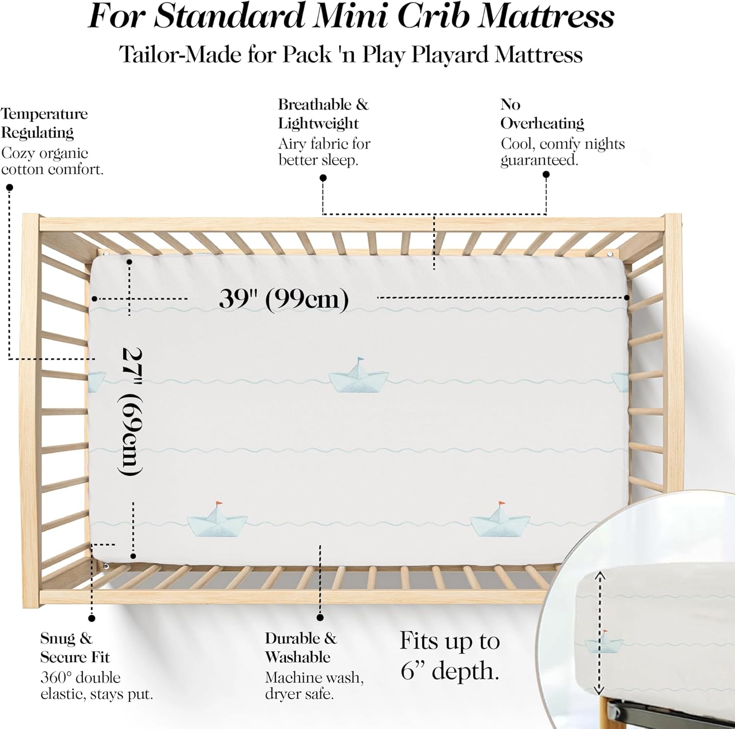 100% Organic Cotton Mini Crib Sheets (3-Pack) – GOTS Certified, Soft Fitted Sheets for Mini Mattress & Pack n Play, 5 in Deep Pocket with Secure Elastic Fit, Boys & Girls, (27" x 39") Tiny Explorers