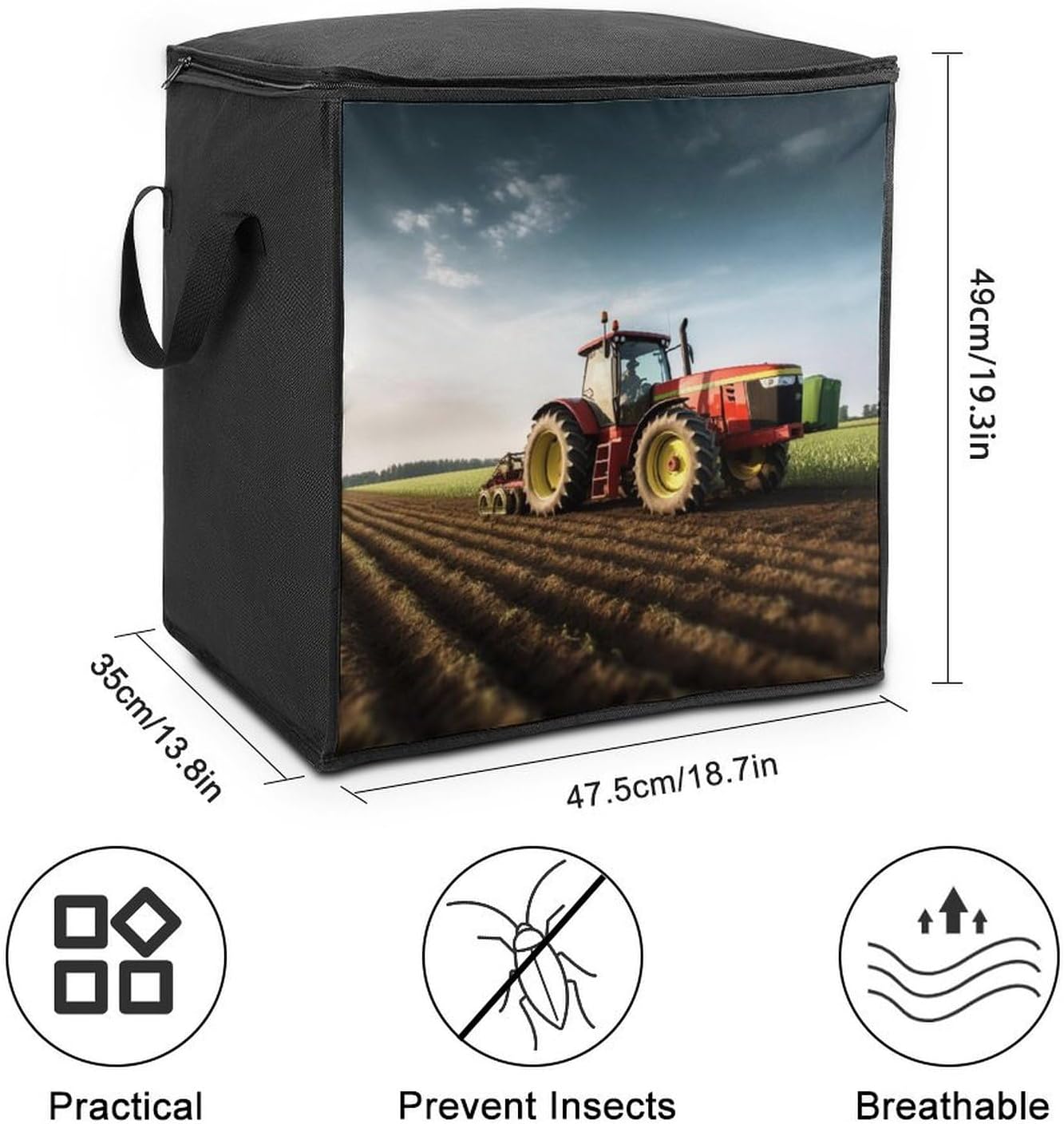 Portable Quilt Storage Bag,Tractor Farm Printed Foldable Wardrobe Storage Box Foldable Storage Bag with Lids And Handle Large Clothing Storage Bag for Comforters Clothes Blankets Pillows