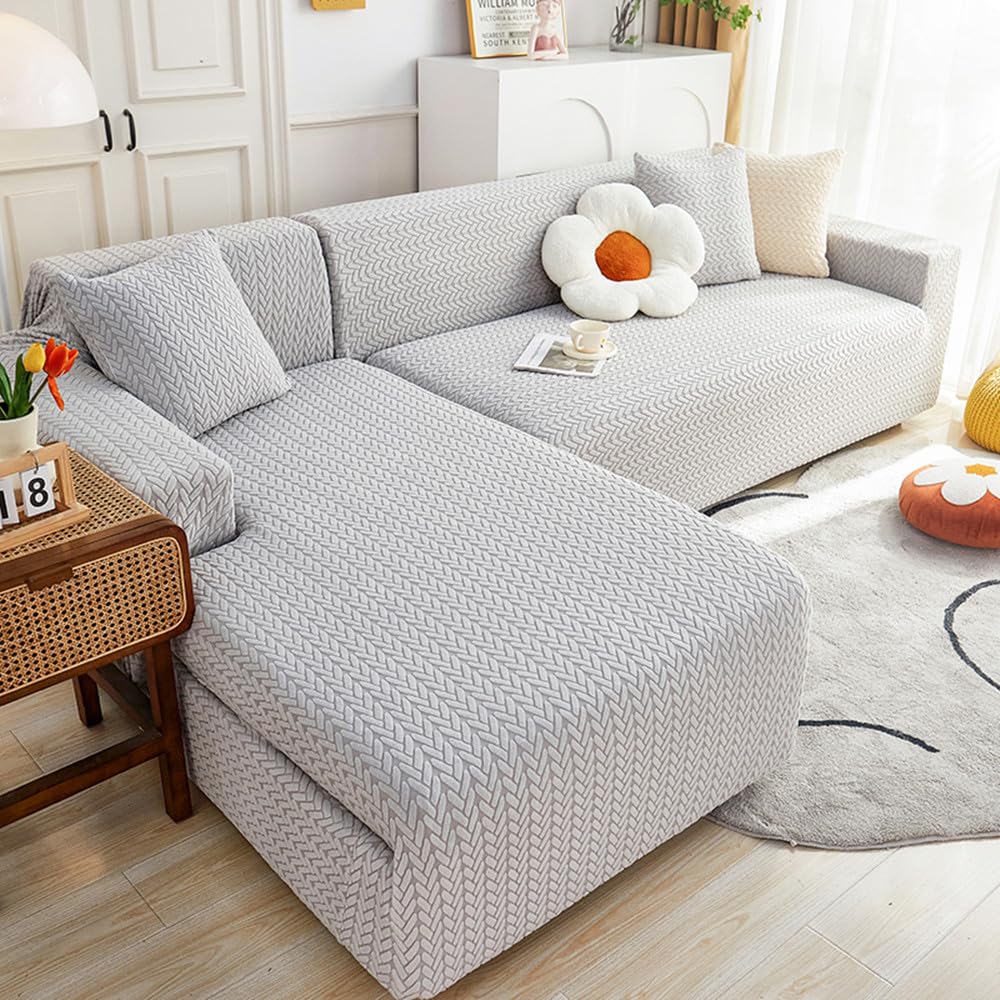 Housse canape extensible d'angle jacquard gris clair 2+2 places