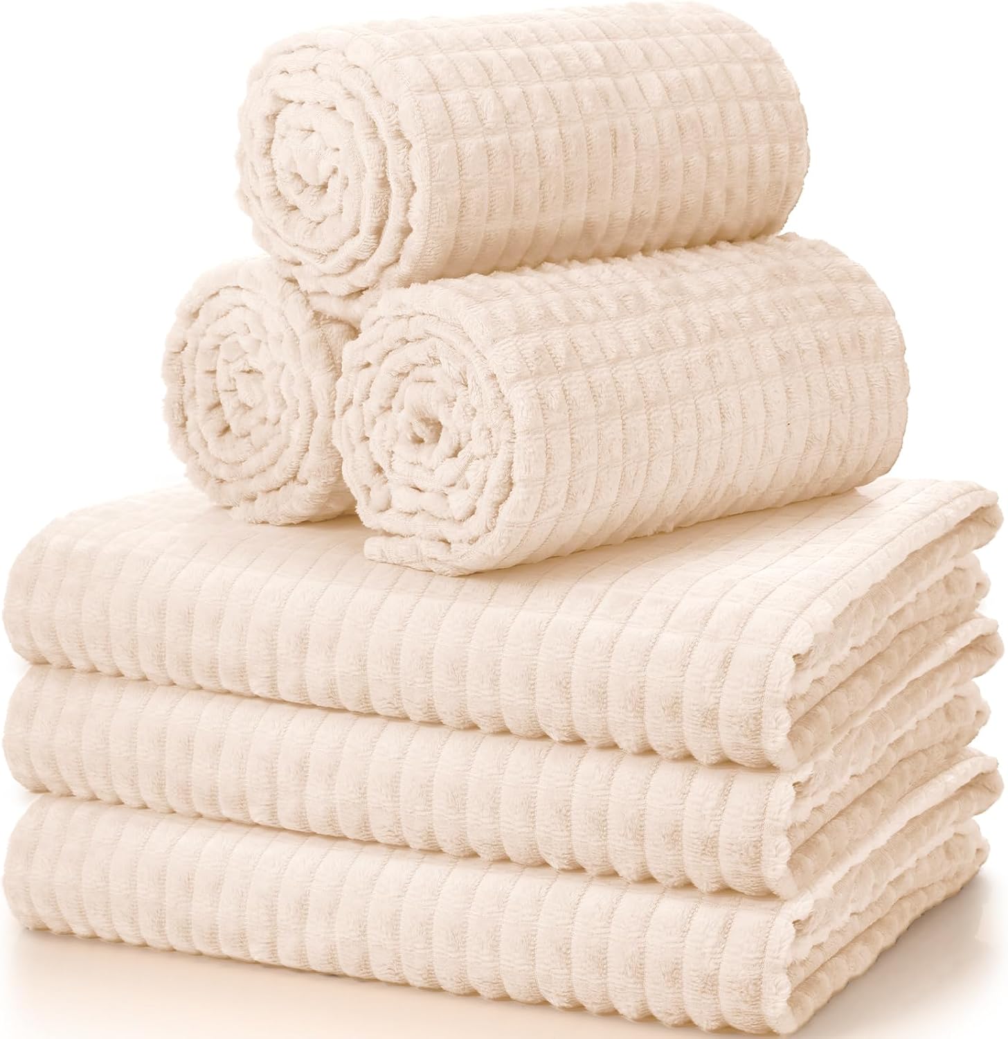 Buryeah 6 Pcs Flannel Fleece Throw Blanket Bulk 50 x 60 Inch Wedding Throw Blanket 3D Jacquard Grid Design Soft for Couch Sofa Chair Donation Homeless Gift (Ivory)