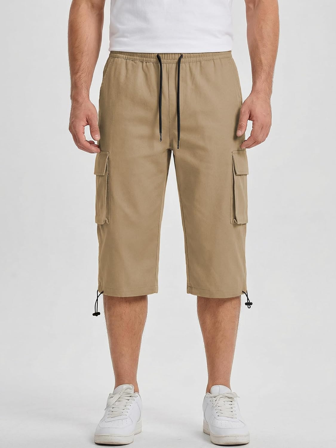JMIERR Men's 3/4 Length Cargo Shorts Elastic Waist Capri Pants with Zipper Pockets - Image 9