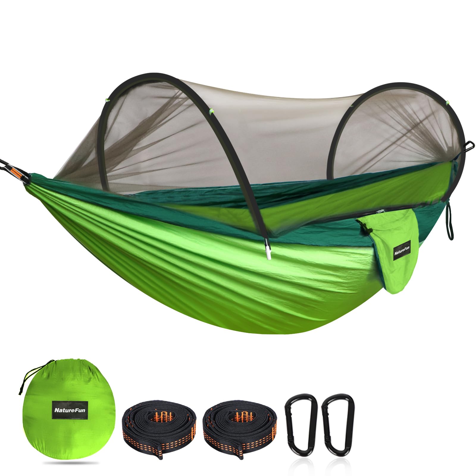 NATUREFUN Ultra-Light Travel Camping Hammock Pop-up Bug Net Hammock 300kg Load Capacity,Breathable,Quick-drying Parachute Nylon 2 Premium Carabiners,2 Tree Slings Included Outdoor Backpacking Hiking