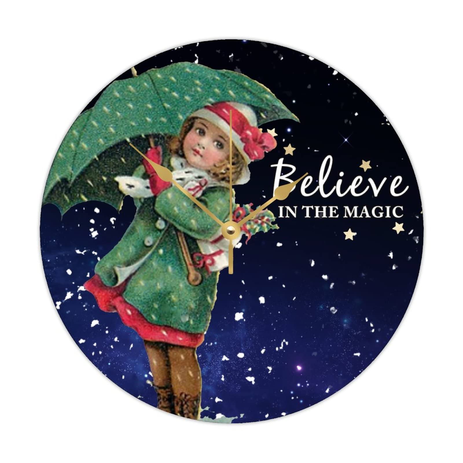 Horloge murale ronde en bois de Noël 38cm, pendule silencieuse de salon motif Santa Claus Believe