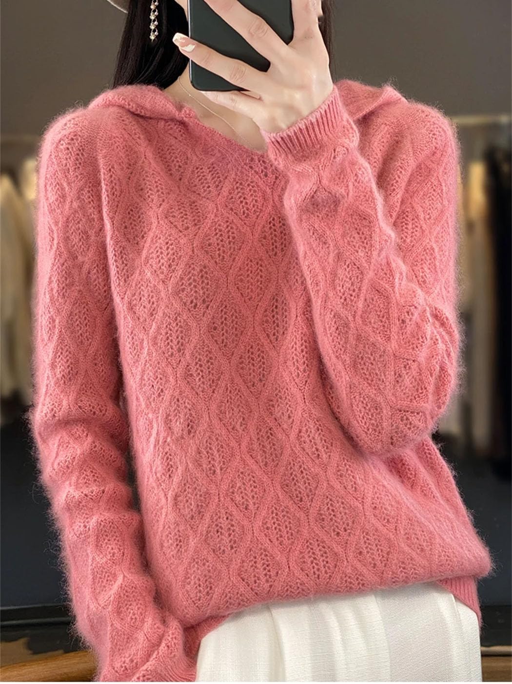 Women's 100% Mink Cashmere Hooded Sweater Fall Winter Thick Warm Bottoming Shirt Fashion Soft Sweatshirt