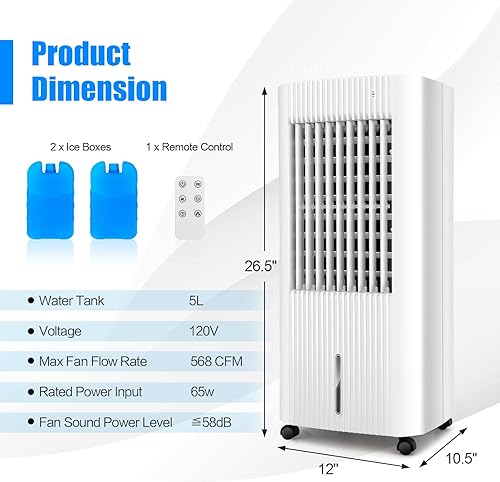 Miniatura 6 de PETSITE Enfriador de aire evaporativo, ventilador de refrigeración portátil con control remoto, 3 modos de viento, 3 velocidades de viento,
