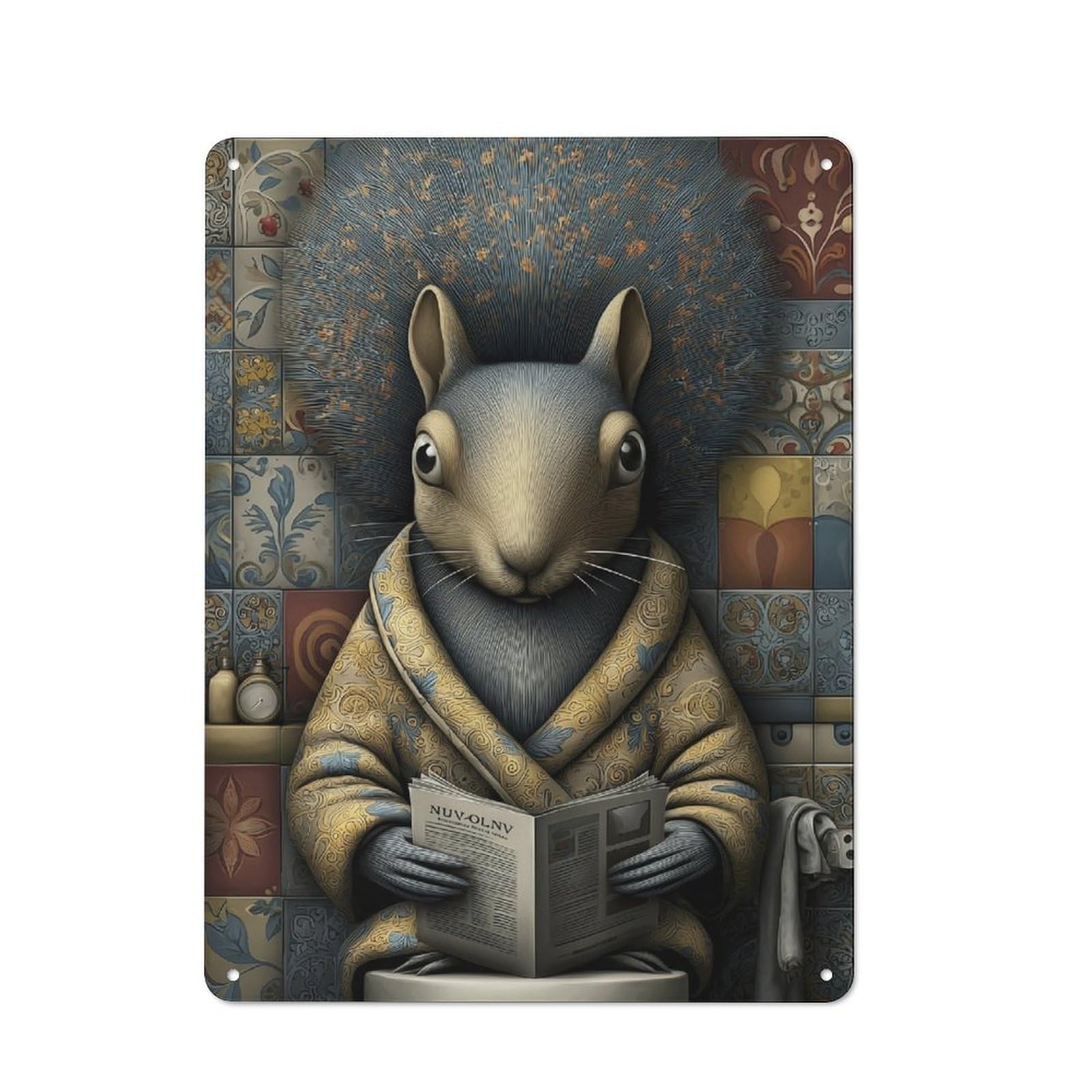 Junmoney Quirky Squirrel Reads Old Style Metal Wall Decor 40X30cm, Decorative Tin Plaque For Cafe, Pub, Workshop Or Home Bar